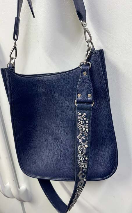 Unknown Handbags - Blue Pebbled Leather Crossbody Bag with Studded/Pearl Embellished Strap